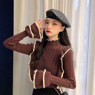 Color Block Ruffle High-neck Knit Top