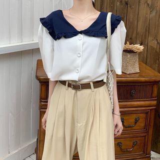 Puff-sleeve Peter Pan Collar Ruffle Trim Blouse As Shown In Figure - One Size