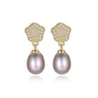 Sterling Silver Plated Gold Elegant Simple Flower Purple Freshwater Pearl Earrings With Cubic Zirconia Golden - One Size
