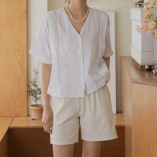 V-neck Pleated Linen Blend Blouse