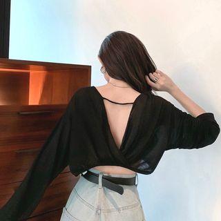Plain V-neck Long-sleeve Crop Top Black - One Size