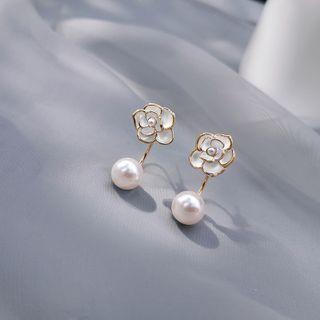 Flower Faux Pearl Stud Earring 1 Pair - 925 Silver - White & Gold - One Size