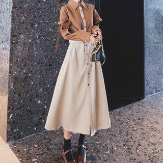 Long-sleeve Color-block Panel Midi Dress
