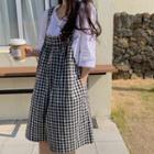 Set: Elbow-sleeve Shirt + Gingham Mini Overall Dress