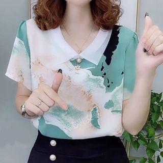 Short-sleeve Embellished Print Chiffon Blouse