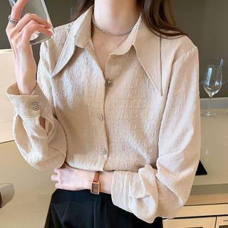 Long-sleeve Pointed Collar Loose Fit Smocked Shirt