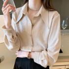 Long-sleeve Pointed Collar Loose Fit Smocked Shirt