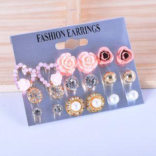 Set Of 9 Pairs: Stud Earring Set Of 9 Pairs - Pink & Gold & Purple - One Size
