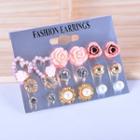 Set Of 9 Pairs: Stud Earring Set Of 9 Pairs - Pink & Gold & Purple - One Size