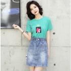 Set: Short-sleeve Print T-shirt + Washed Denim Skirt