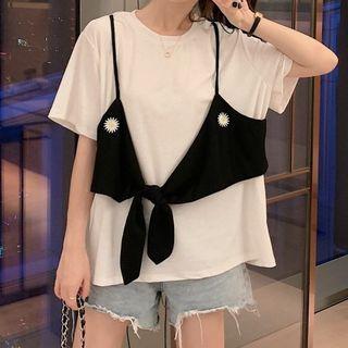 Mock Two-piece Short-sleeve Floral Embroidered T-shirt