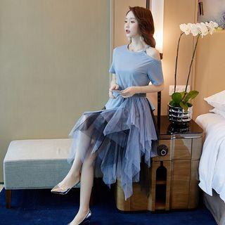 Short-sleeve Cold Shoulder Frilled Midi Dress