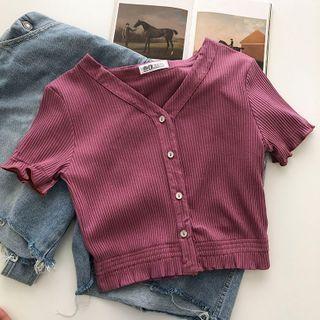 Short-sleeve V-neck Knit Top Purple - One Size