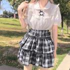 Puff-sleeve Bow Ruffle Trim Blouse / Plaid Mini A-line Skirt