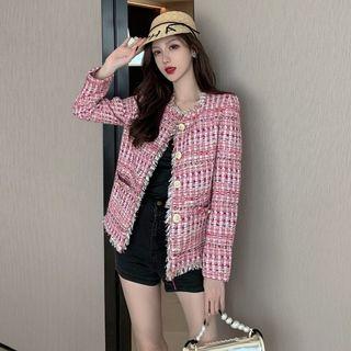 Frayed Plaid Tweed Cardigan