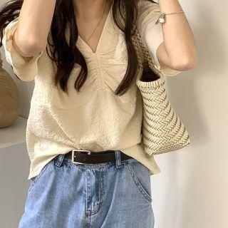 Ruched V-neck Elbow-sleeve Blouse