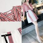 Set: Long-sleeve Striped Blouse + Mini A-line Pleated Skirt