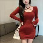 Long Sleeve Cross Strap Plain Dress