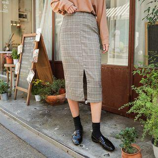 Slit-hem Glen-plaid Midi Skirt