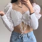 Long-sleeve Lace Up Blouse White - One Size