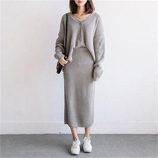 Set: V-neck Cardigan + Band-waist Midi Skirt