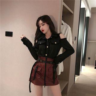 Long-sleeve Cold Shoulder Shirt / Faux Leather Zip A-line Mini Skirt