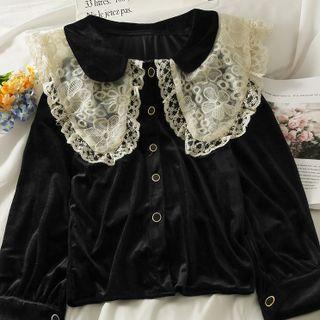 Lace-panel Peter Pan-collar Loose Velvet Shirt Black - One Size