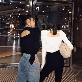 Mock-turtleneck Cut-out Rib Knit Top