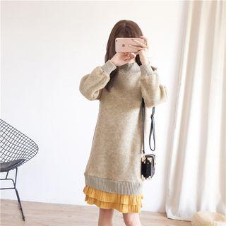 Puff-sleeve Mock-neck Paneled Shift Knit Dress