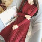Long-sleeve Pleated Knit Midi Dress
