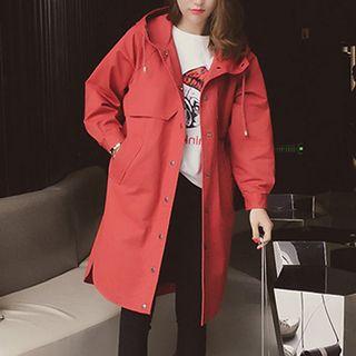 Drawstring Hooded Snap-button Trench Coat