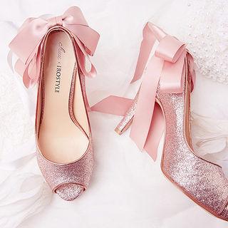 Beribboned Glitter Bridal Pumps