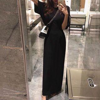 Crew-neck Elbow-sleeve Maxi T-shit Dress Black - One Size