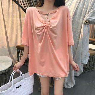 Elbow-sleeve Knotted Cutout T-shirt