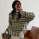 Round Neck Print Sweater Green & Khaki - One Size