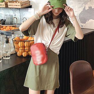 Short-sleeve Striped Color Block T-shirt + Striped A-line Skirt