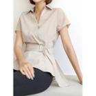 Collared Belted Wrap Peplum Blouse