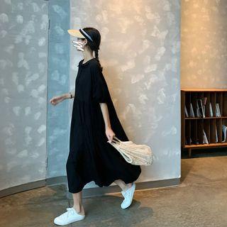 Plain Elbow-sleeve A-line Midi Dress Black - One Size