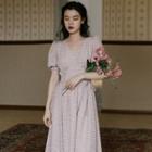 Short-sleeve Striped Lace-up Midi A-line Dress
