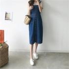 Buttoned Denim Midi Overall Dress Blue - One Size