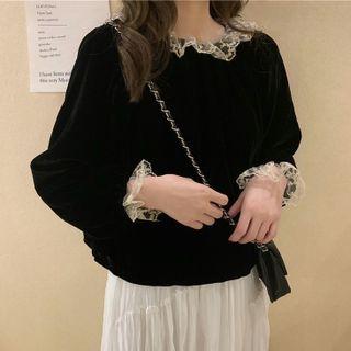 Lace Trim Plain Long-sleeve Top Black - One Size