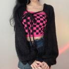 Tie-front Cropped Cardigan / Checkerboard Camisole Top / Set