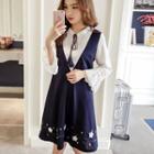 Flower Embroidered Mock Two Piece Long Sleeve Dress