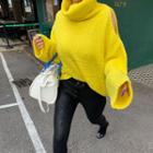 Turtle-neck Slit-shoulder Oversized Sweater