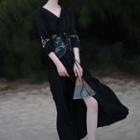 Set: 3/4-sleeve Embroidered A-lind Dress + Waist Belt