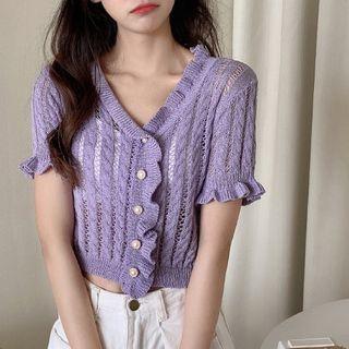 Short-sleeve Ruffle Pointelle Knit Cardigan