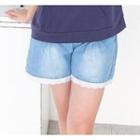 Lace Trim Drawstring Denim Shorts Light Blue - One Size