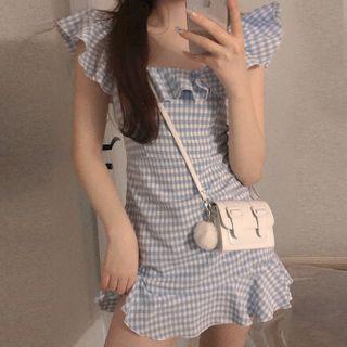 Ruffle Trim Off-shoulder Gingham Mini Sheath Dress