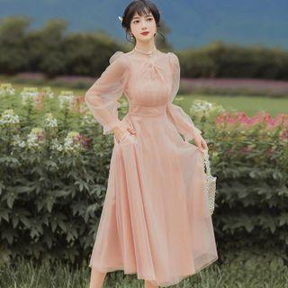 Puff-sleeve Bow Midi A-line Mesh Dress