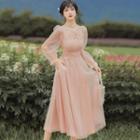 Puff-sleeve Bow Midi A-line Mesh Dress